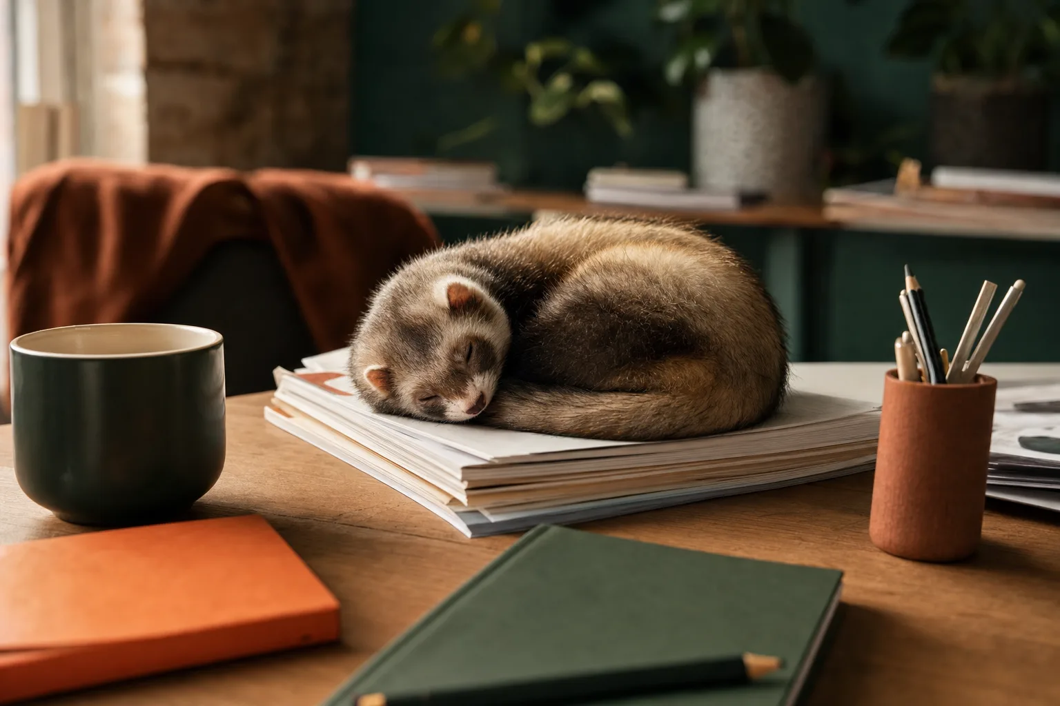 Équipe éditoriale travaillant avec un furet mascotte endormi sur le bureau