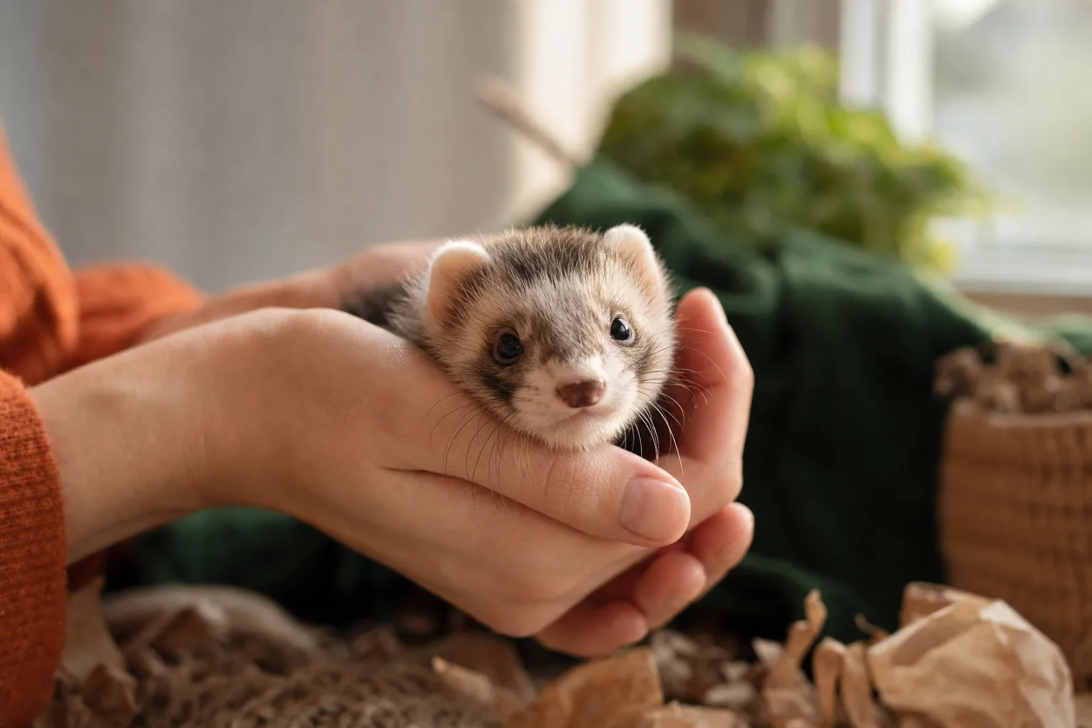 Bébé furet blotti dans les mains de son nouveau propriétaire, regard confiant