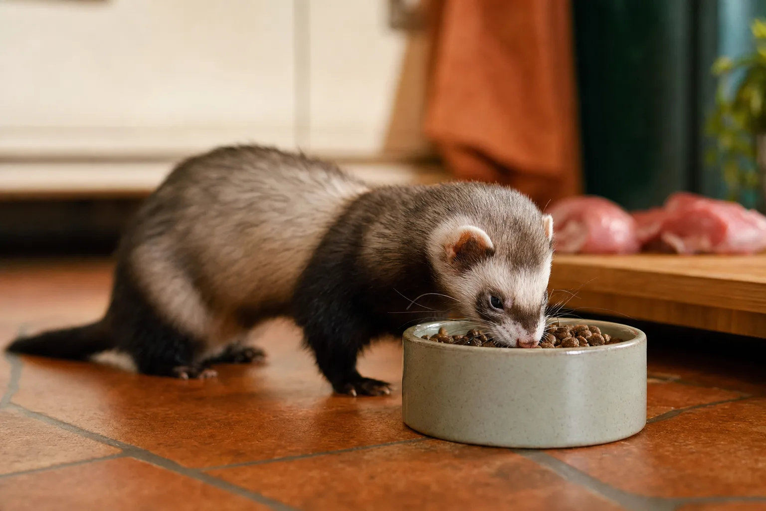 Furet mangeant des croquettes riches en protéines dans une gamelle en céramique