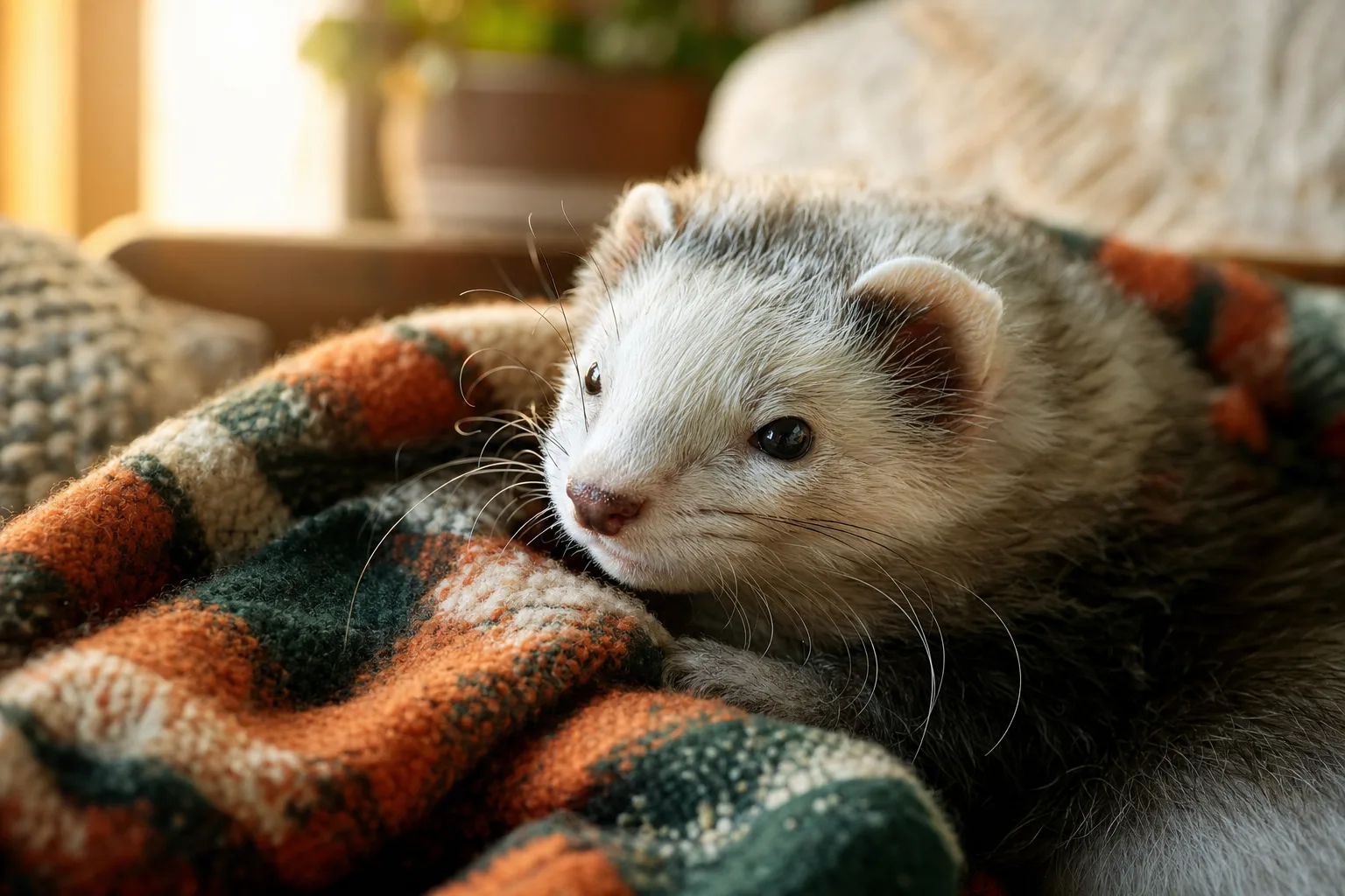 Furet senior au pelage grisonnant reposant dans un plaid, ambiance douce et chaleureuse