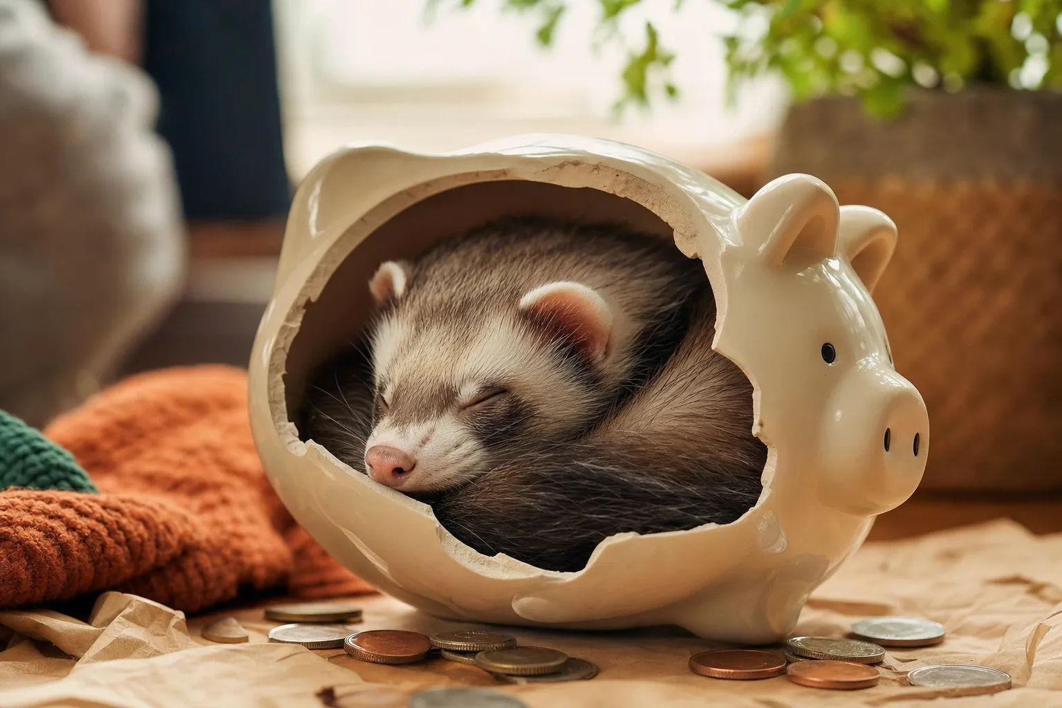 Furet endormi dans une tirelire couchée entourée de quelques pièces