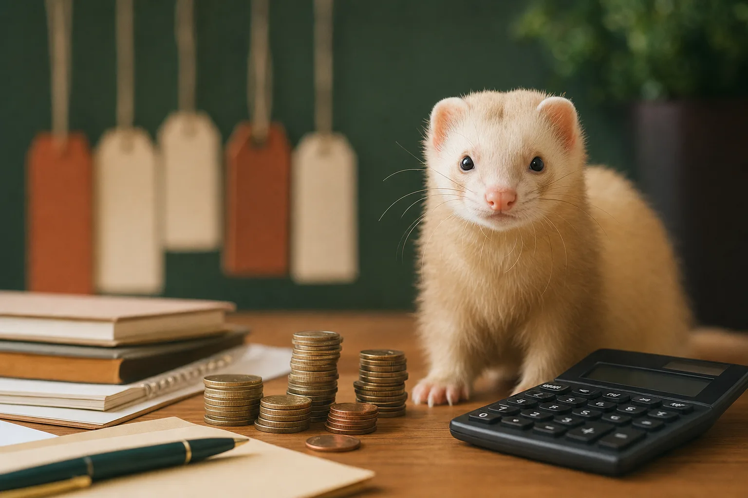 Furet champagne assis à côté de pièces de monnaie et d'une calculatrice sur un bureau
