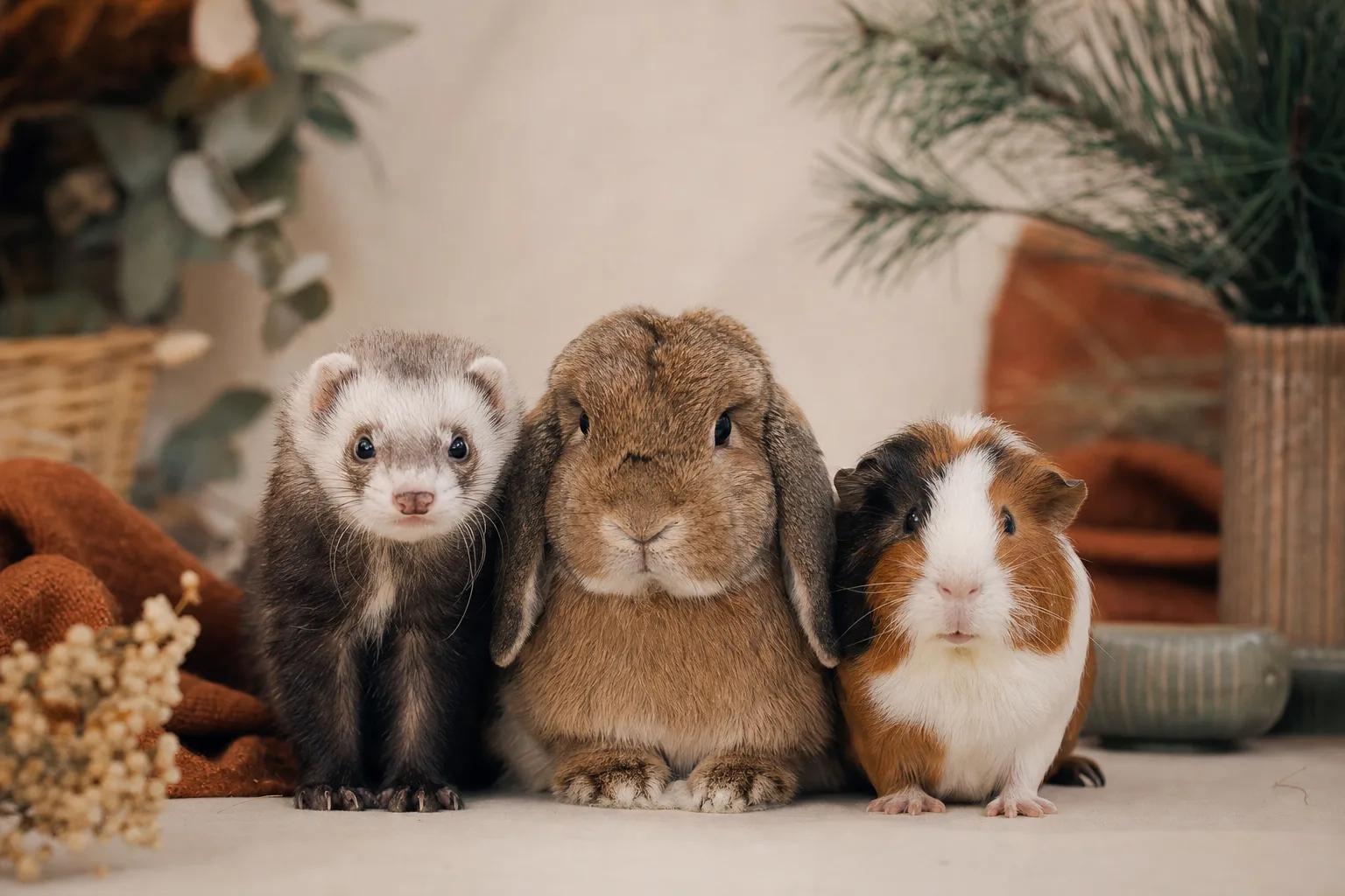Furet, lapin bélier et cochon d'Inde côte à côte sur un fond neutre de studio