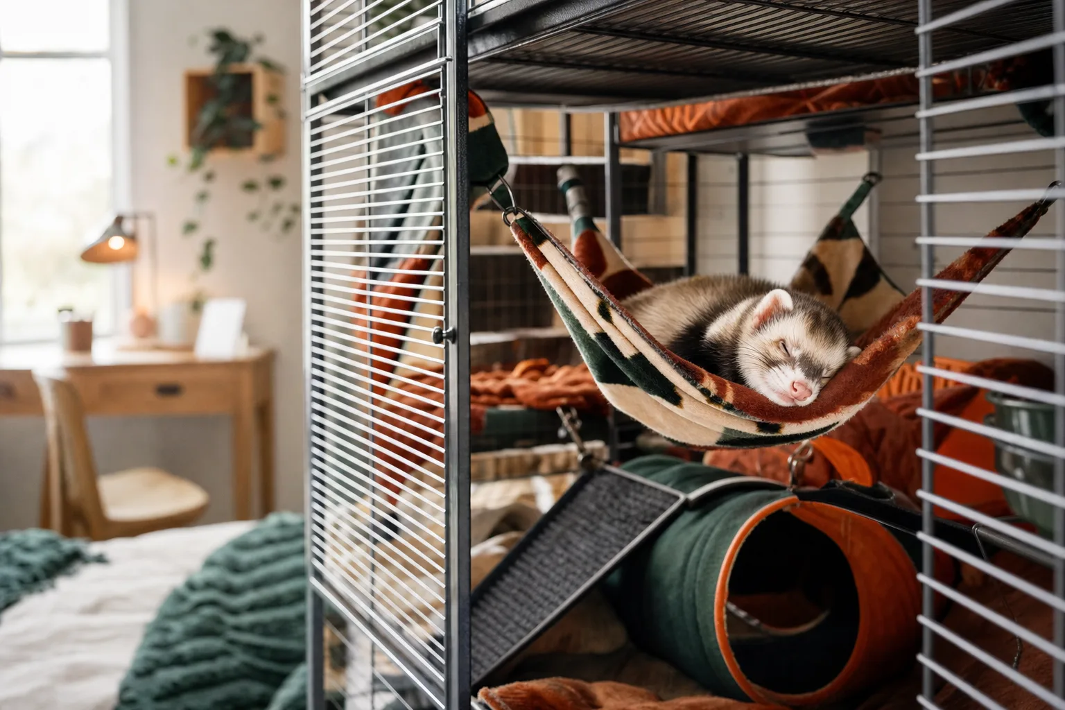 Grande cage à étages aménagée avec hamacs et tunnels, furet endormi dans un hamac