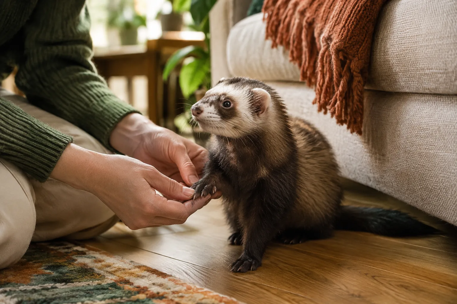 Furet assis au pied d'un canapé, examiné avec douceur par la main de son propriétaire