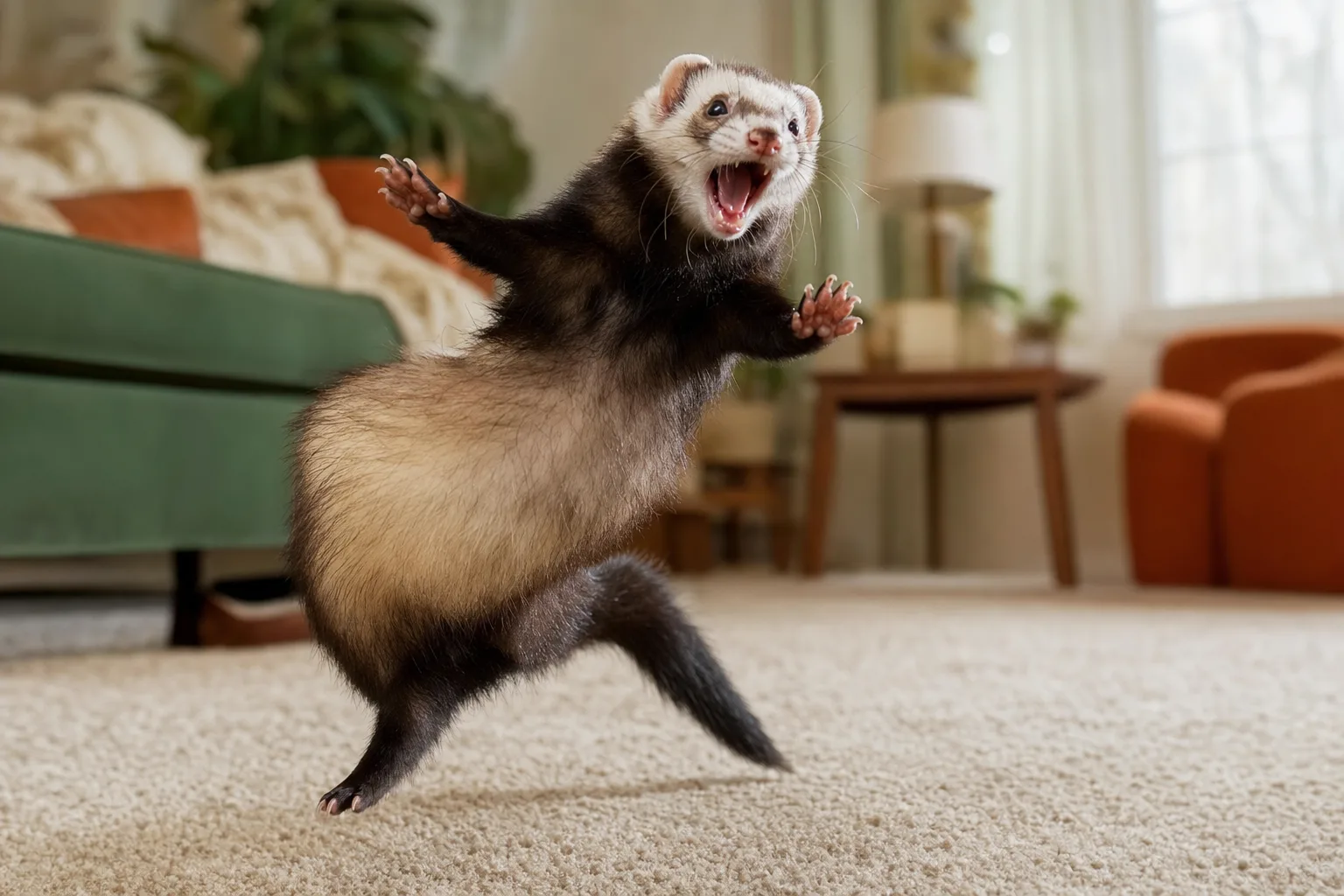 Furet en pleine danse de guerre, dos arqué et gueule ouverte joyeuse, en plein jeu