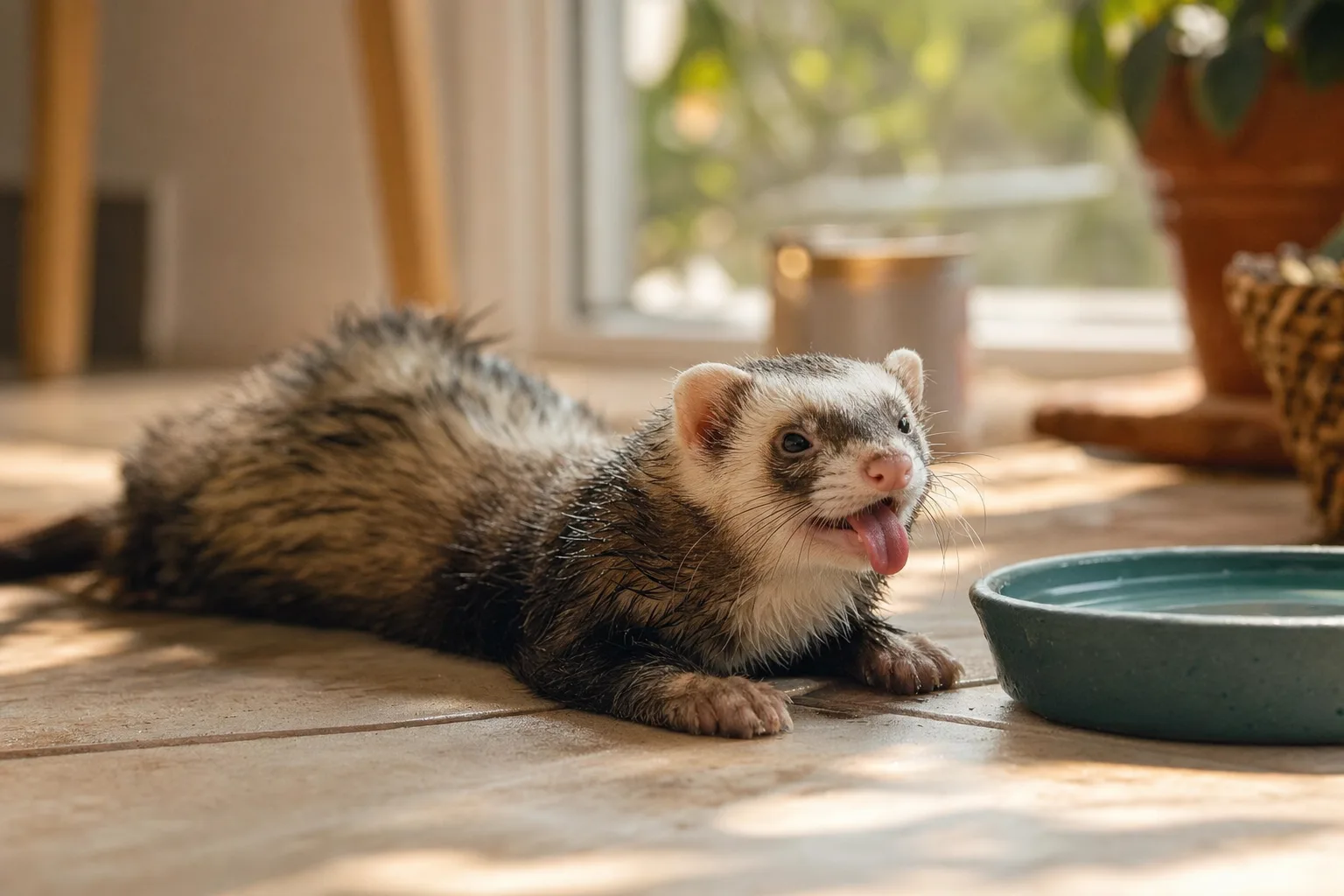 Furet pantelant allongé sur un carrelage frais près d'un bol d'eau, ambiance chaude et inquiète