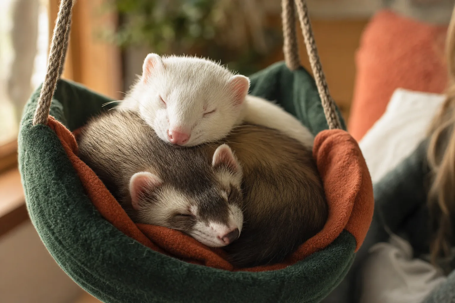 Deux furets endormis en tas dans un hamac, l'un contre l'autre, ambiance paisible