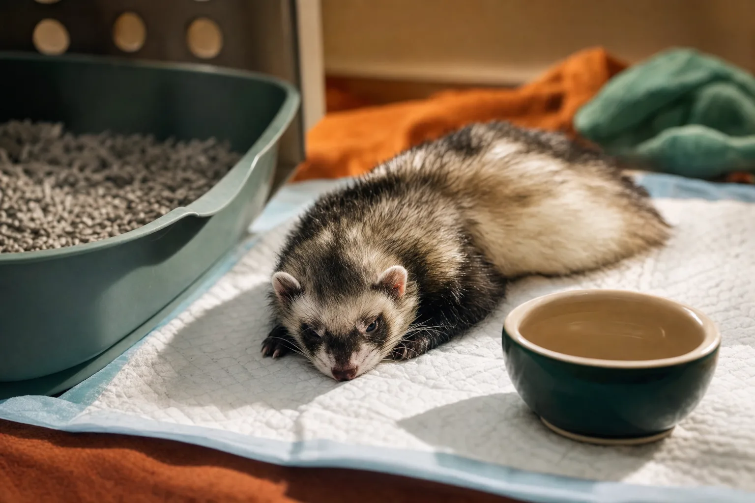 Furet allongé mollement près de sa litière, ambiance vétérinaire douce et inquiète