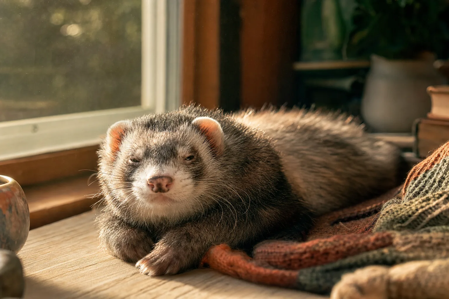 Furet âgé au pelage argenté profitant d'un rayon de soleil sur un rebord de fenêtre