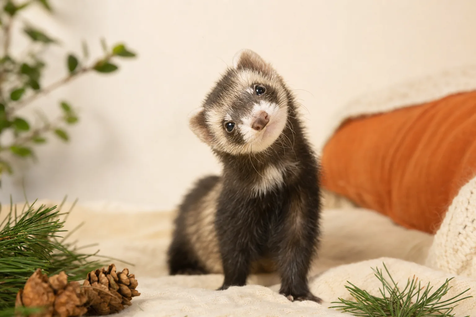 Furet curieux penchant la tête sur le côté, expression interrogative, fond studio clair