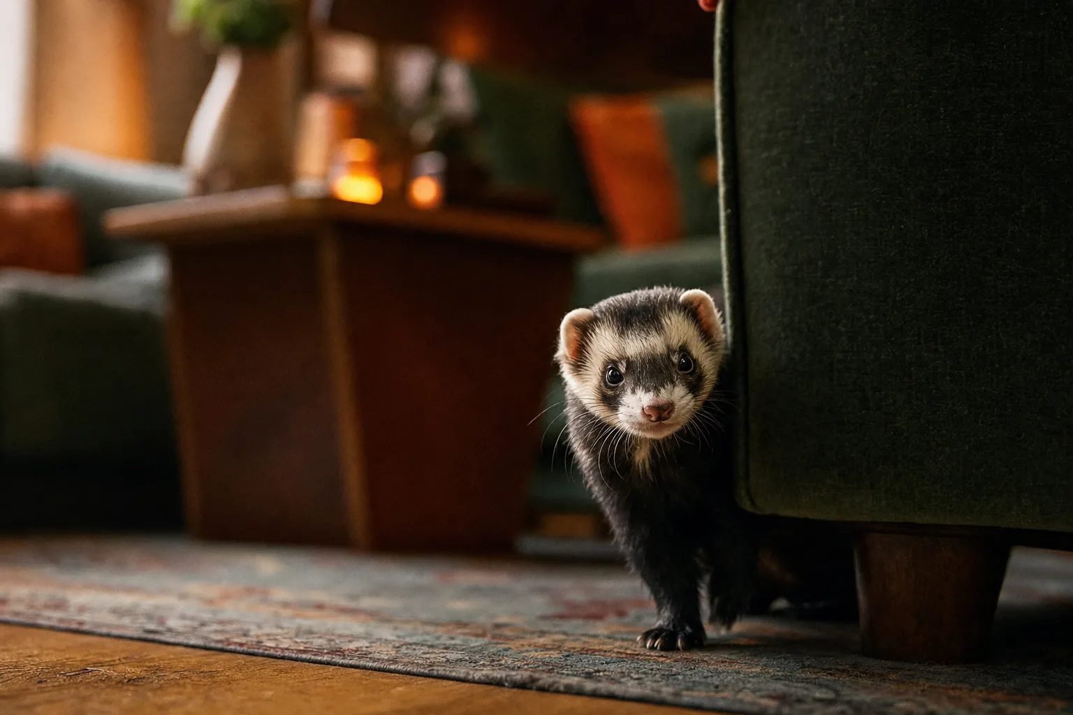 Furet se faufilant discrètement derrière un meuble, vue basse, ambiance domestique