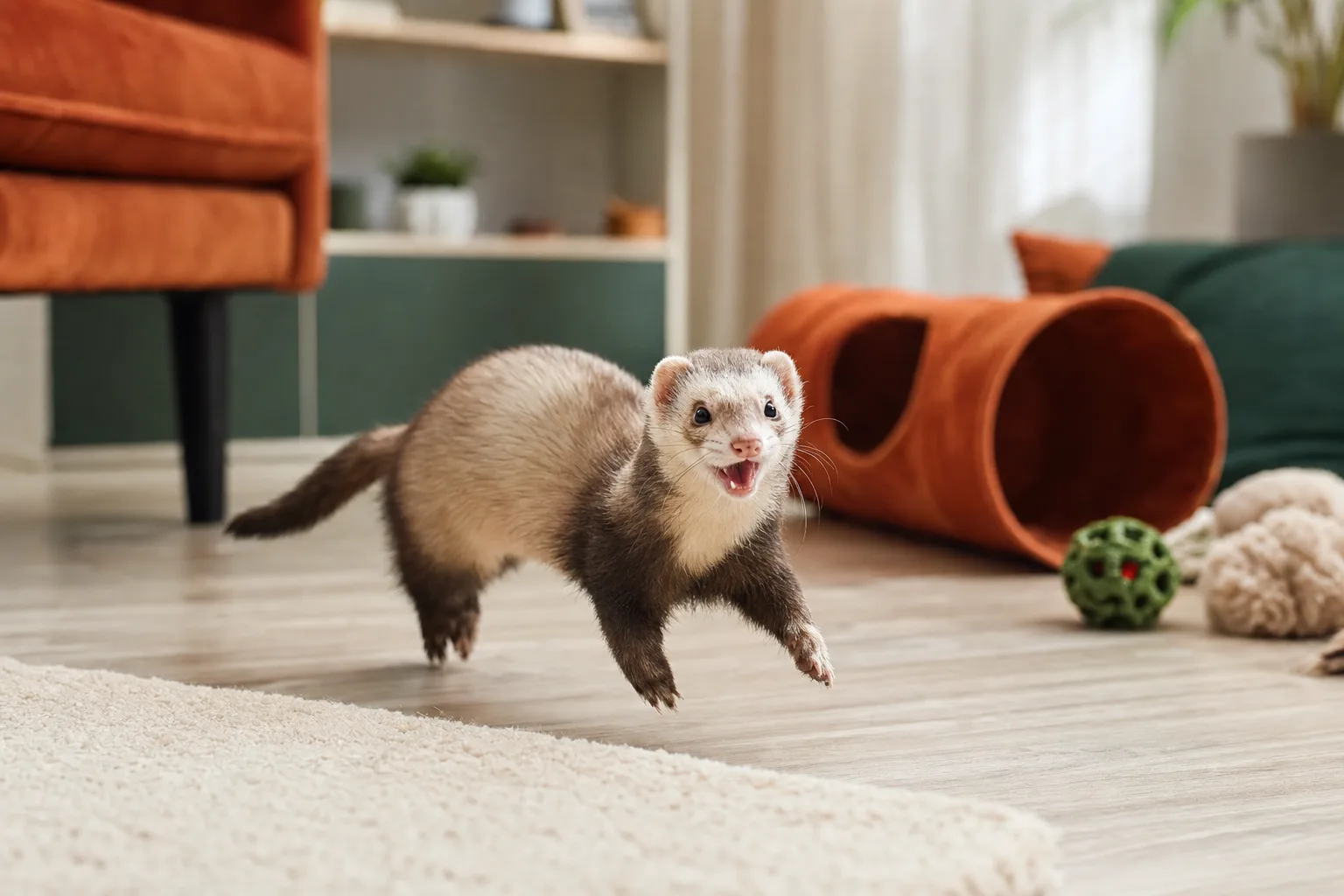 Furet joueur explorant un salon lumineux, tunnel de jeu en arrière-plan