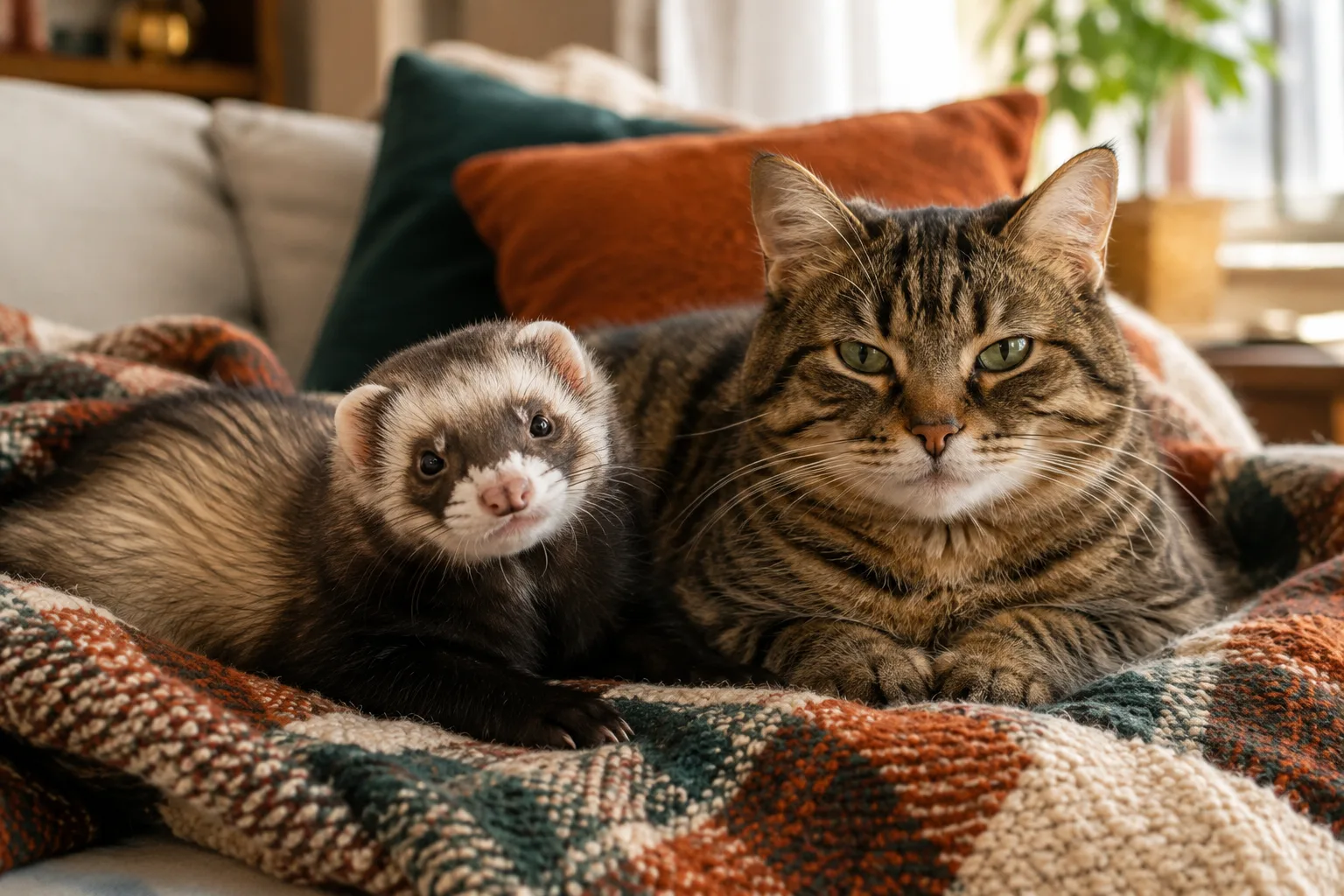 Furet et chat tigré couchés côte à côte sur un plaid dans un salon chaleureux