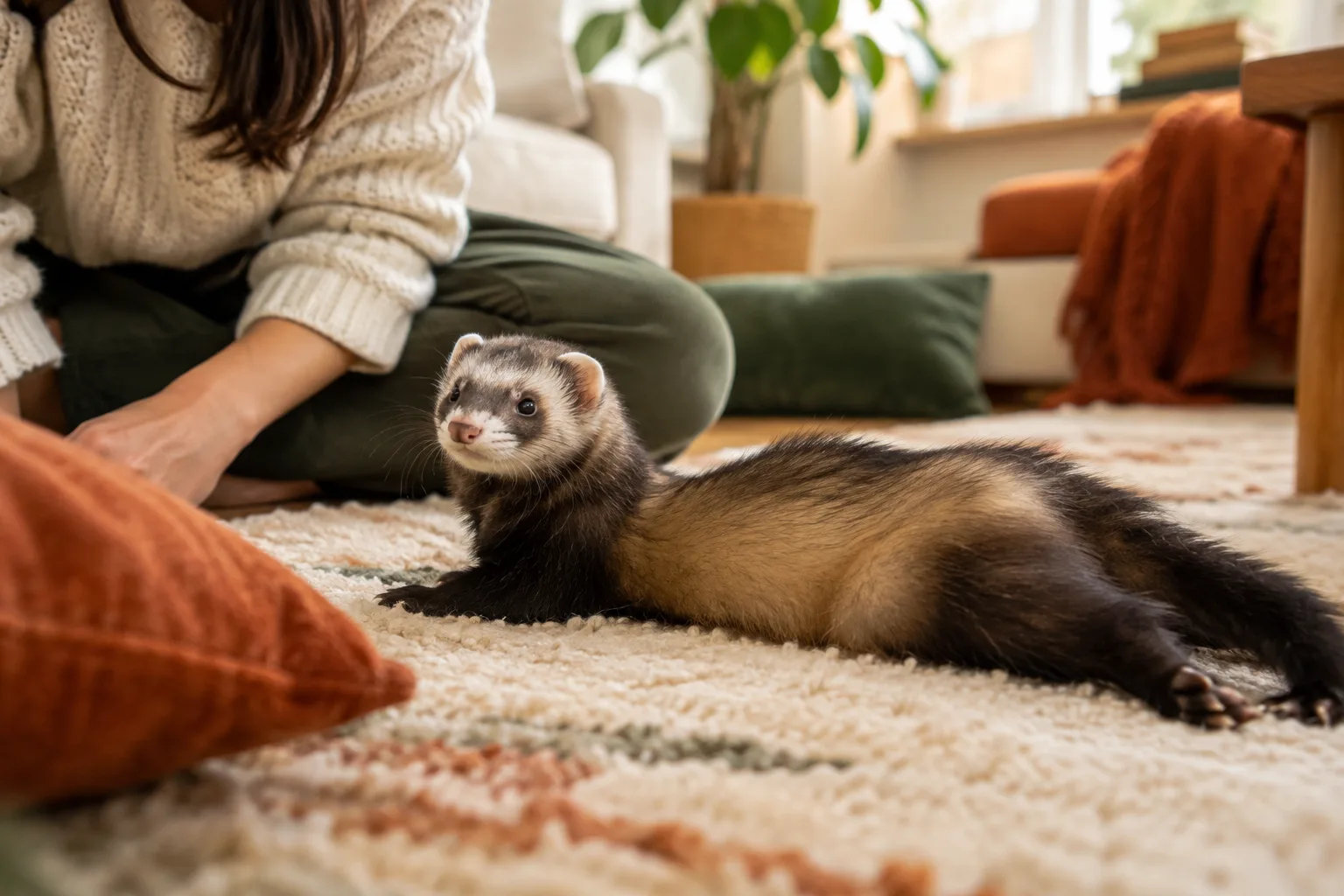 Furet allongé sur un tapis, pattes arrière étendues, observé de près par son propriétaire
