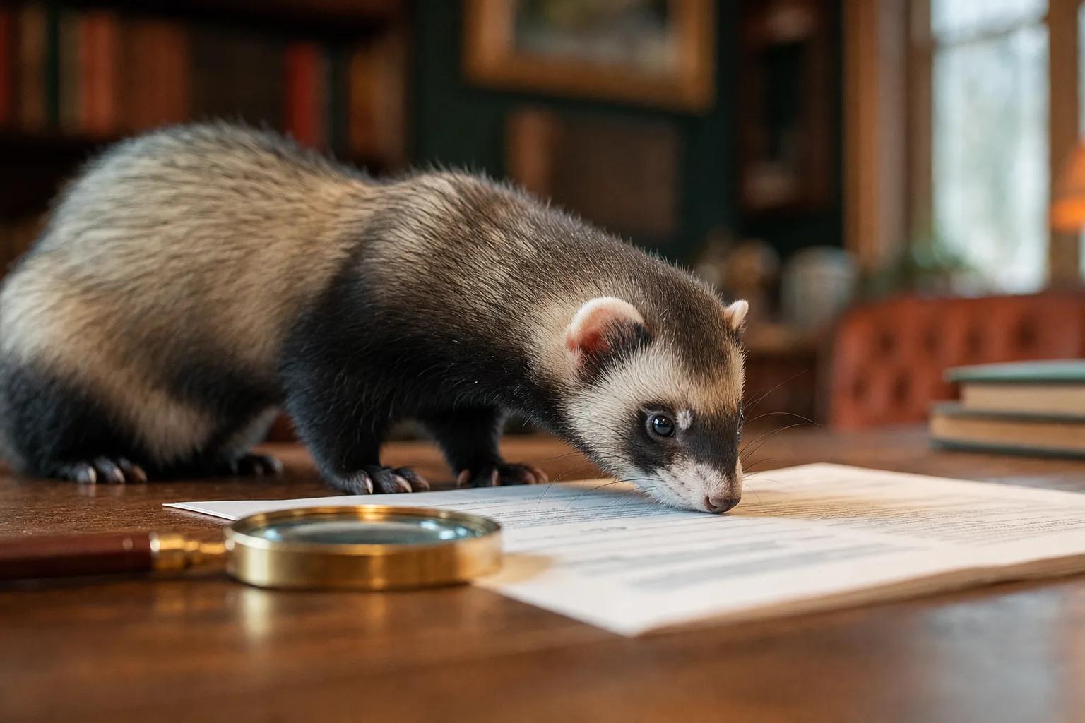 Furet putoisé inspectant de près un contrat d'assurance posé sur une table en bois