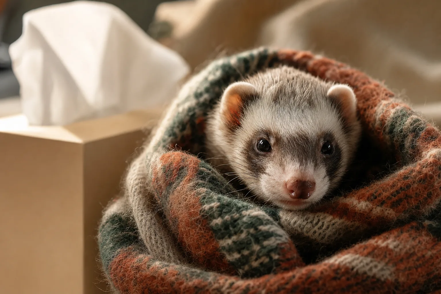Furet au museau humide blotti dans un plaid, mouchoirs en arrière-plan flou