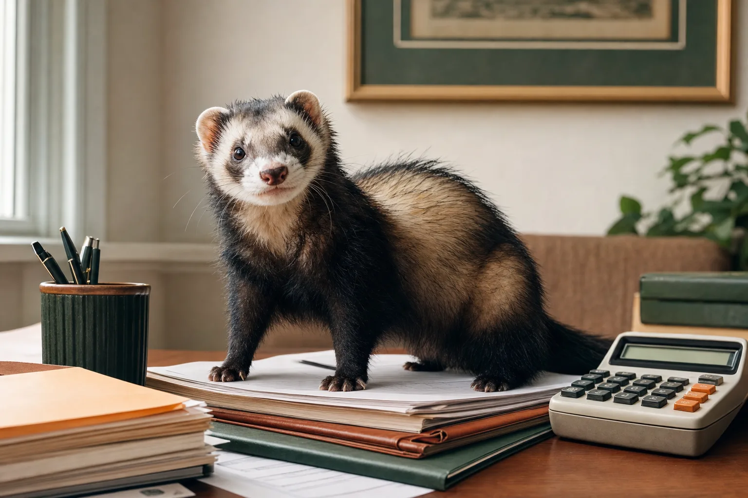 Furet putoisé curieux posé sur des documents d'assurance, regard attentif