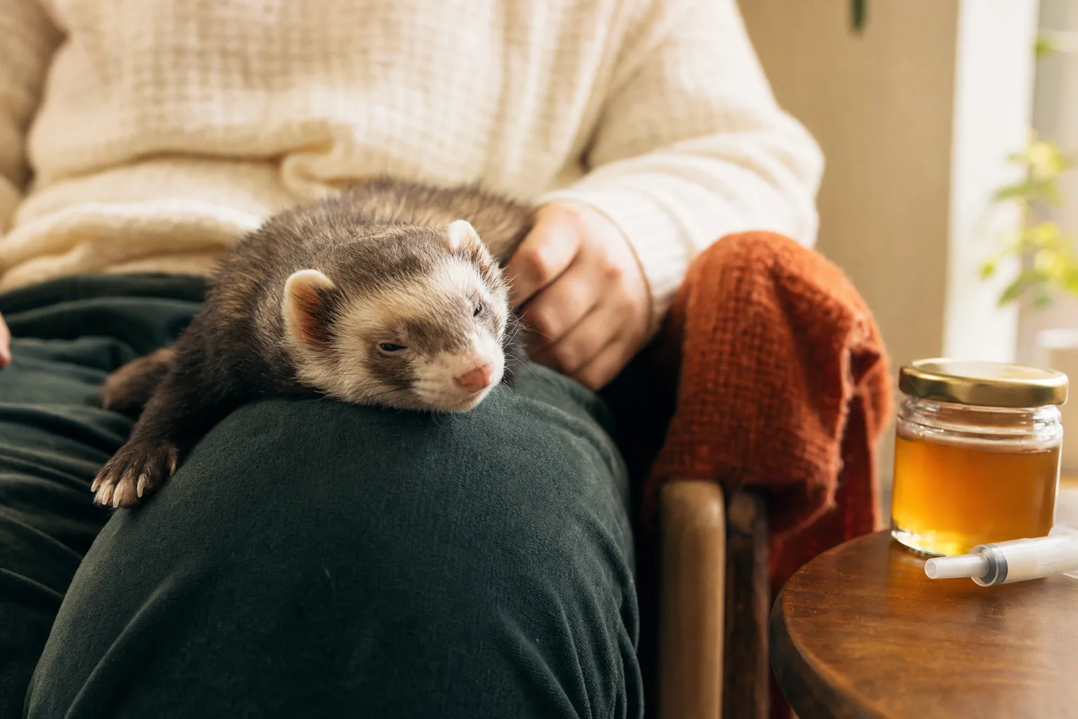 Furet somnolent sur les genoux de son propriétaire, seringue de glucose à proximité