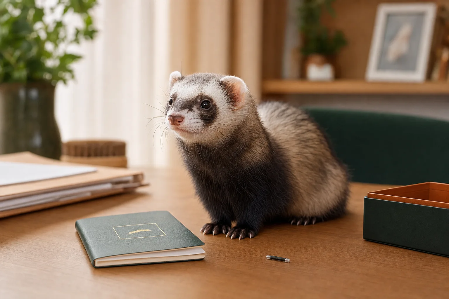 Furet assis à côté d'un passeport européen pour animaux et d'une puce électronique