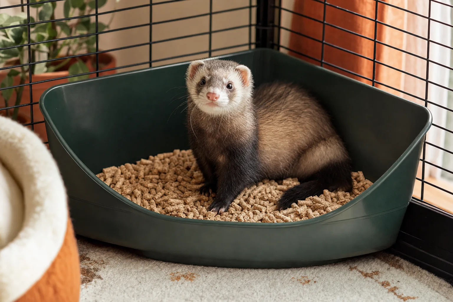 Furet assis calmement dans un bac à litière d'angle rempli de pellets végétaux