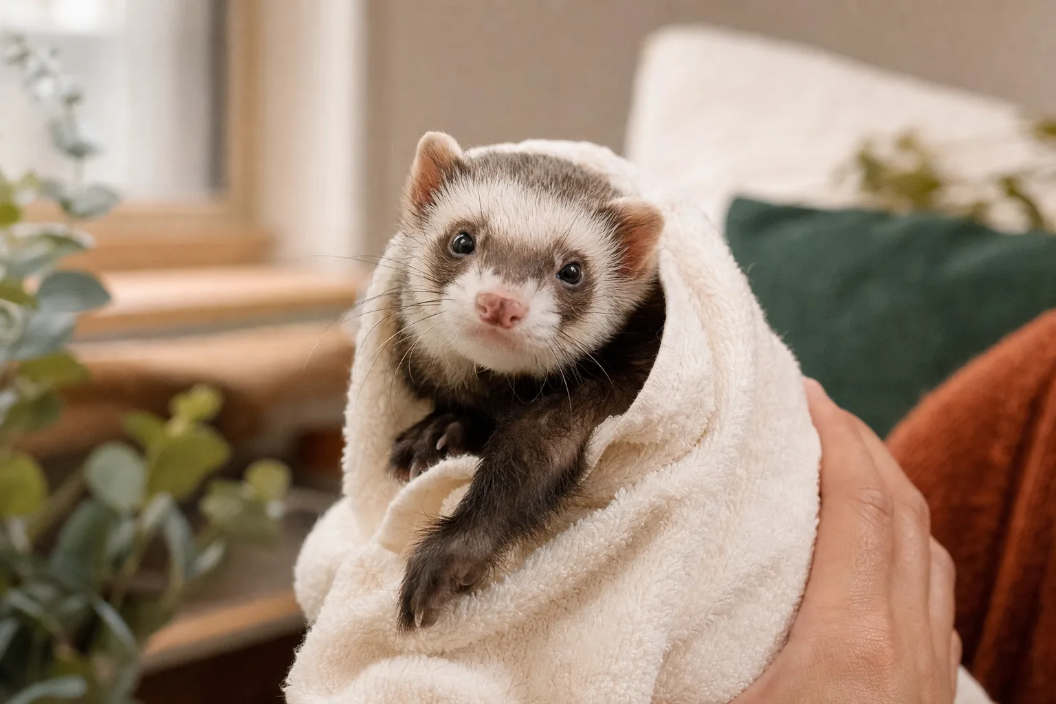 Furet enveloppé dans une serviette douce entre les mains attentives d'un soignant