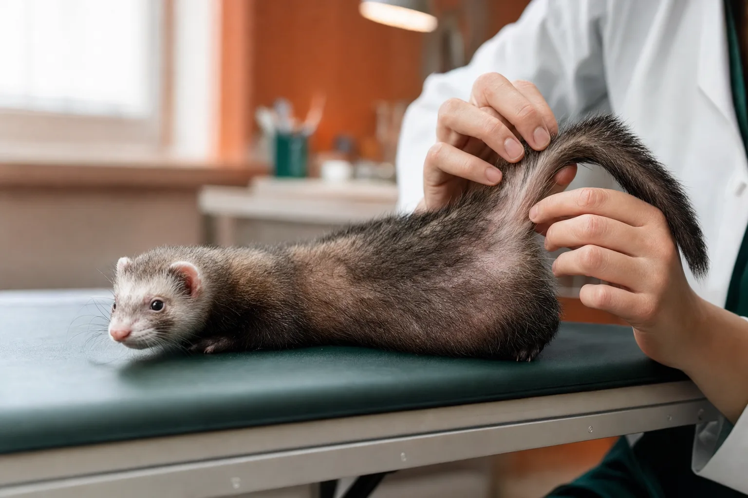 Furet présentant une perte de poils sur la queue, examiné sur une table vétérinaire