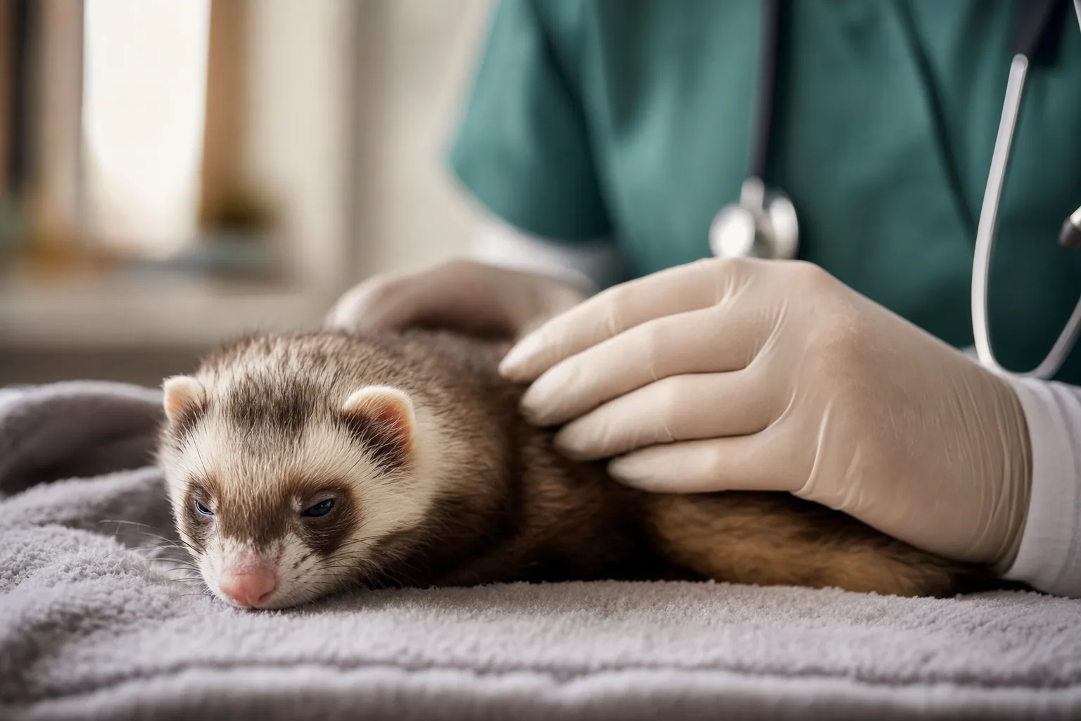 Furet fatigué allongé sur une couverture, examiné avec douceur par une main de vétérinaire