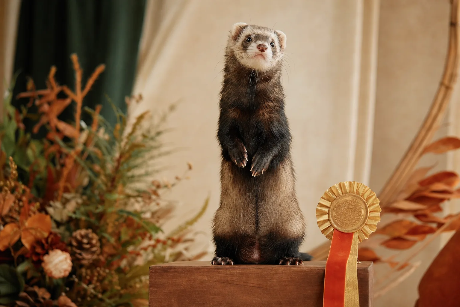 Furet sable dressé sur ses pattes arrière devant un podium de classement