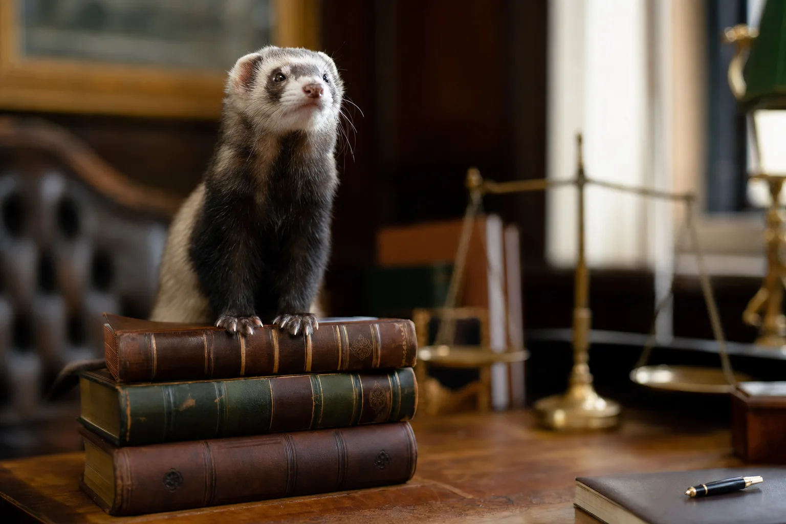 Furet posé sur une pile de documents juridiques reliés