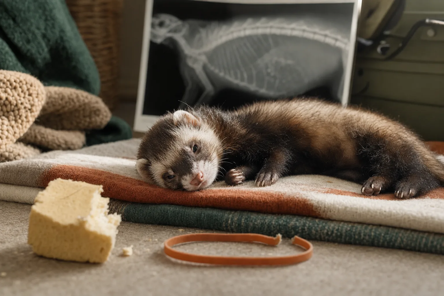 Furet couché sur le flanc près d'un morceau de mousse grignoté, ambiance vétérinaire inquiète