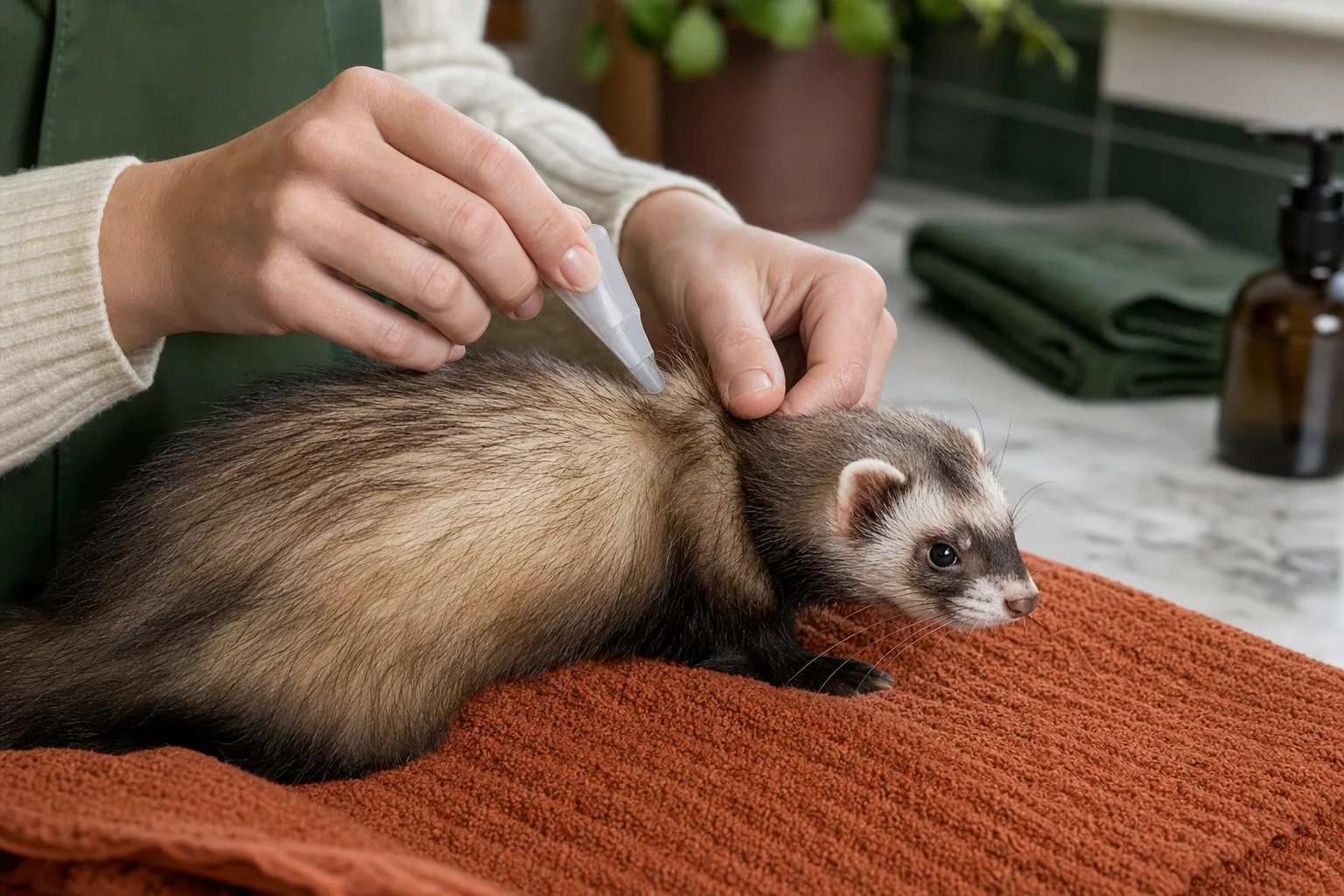 Application d'une pipette antiparasitaire sur la nuque d'un furet au pelage soyeux