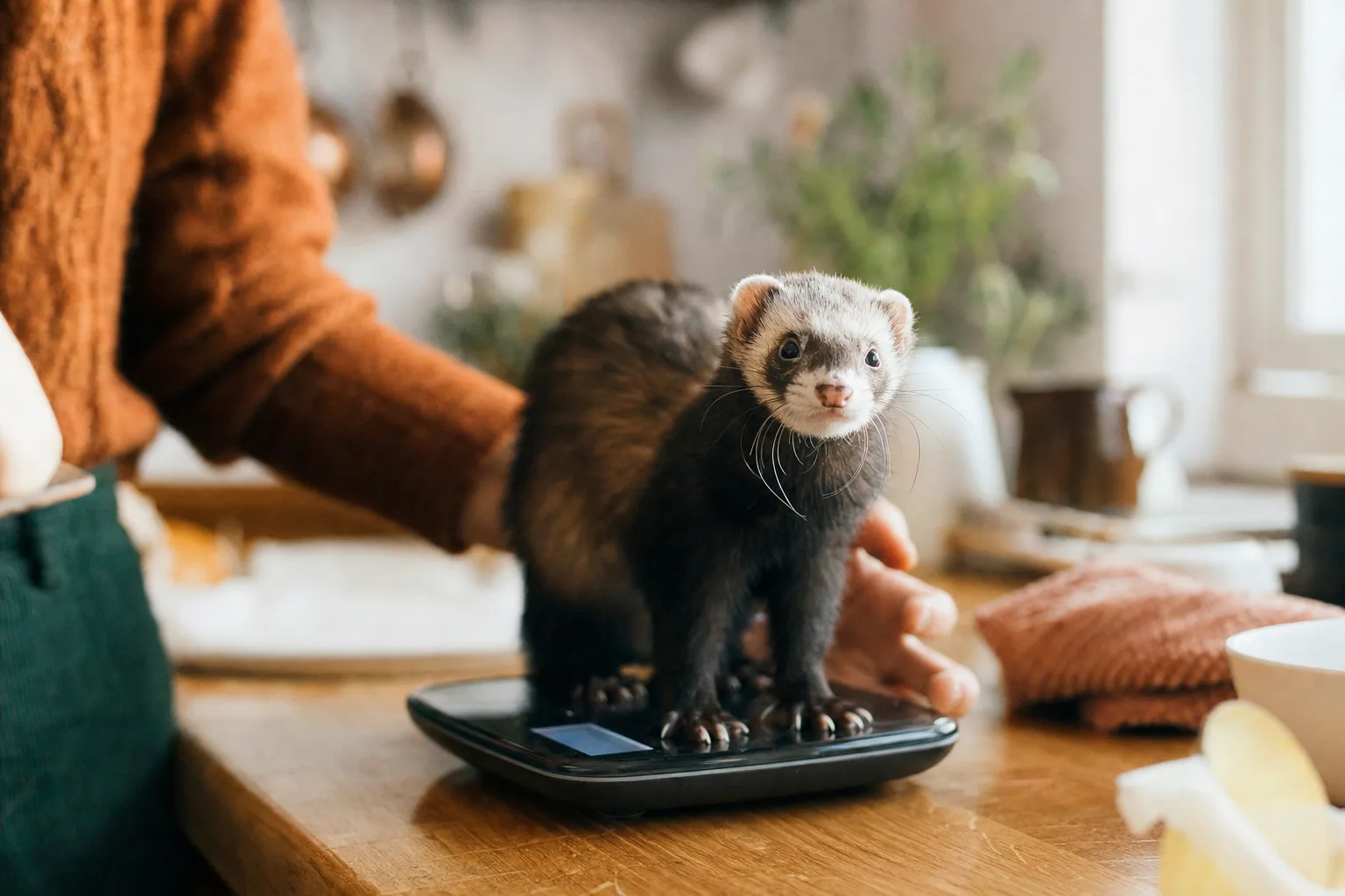 Furet posé sur une petite balance de cuisine, pesée à la maison, ambiance domestique calme