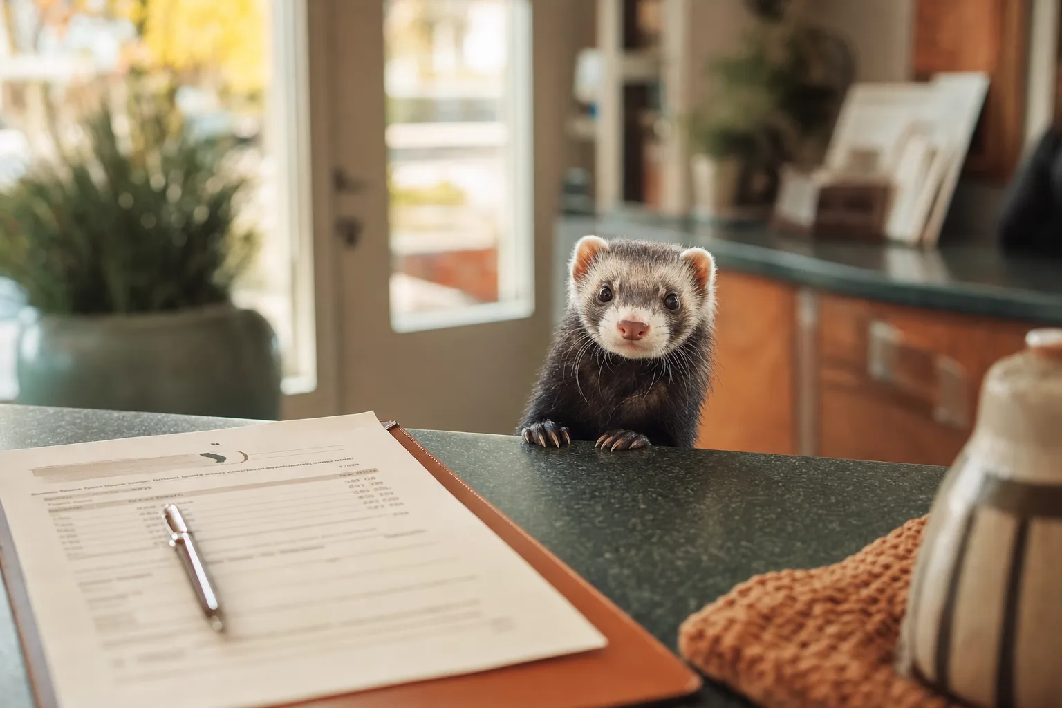 Facture vétérinaire détaillée posée à côté d'un furet curieux sur le comptoir d'accueil