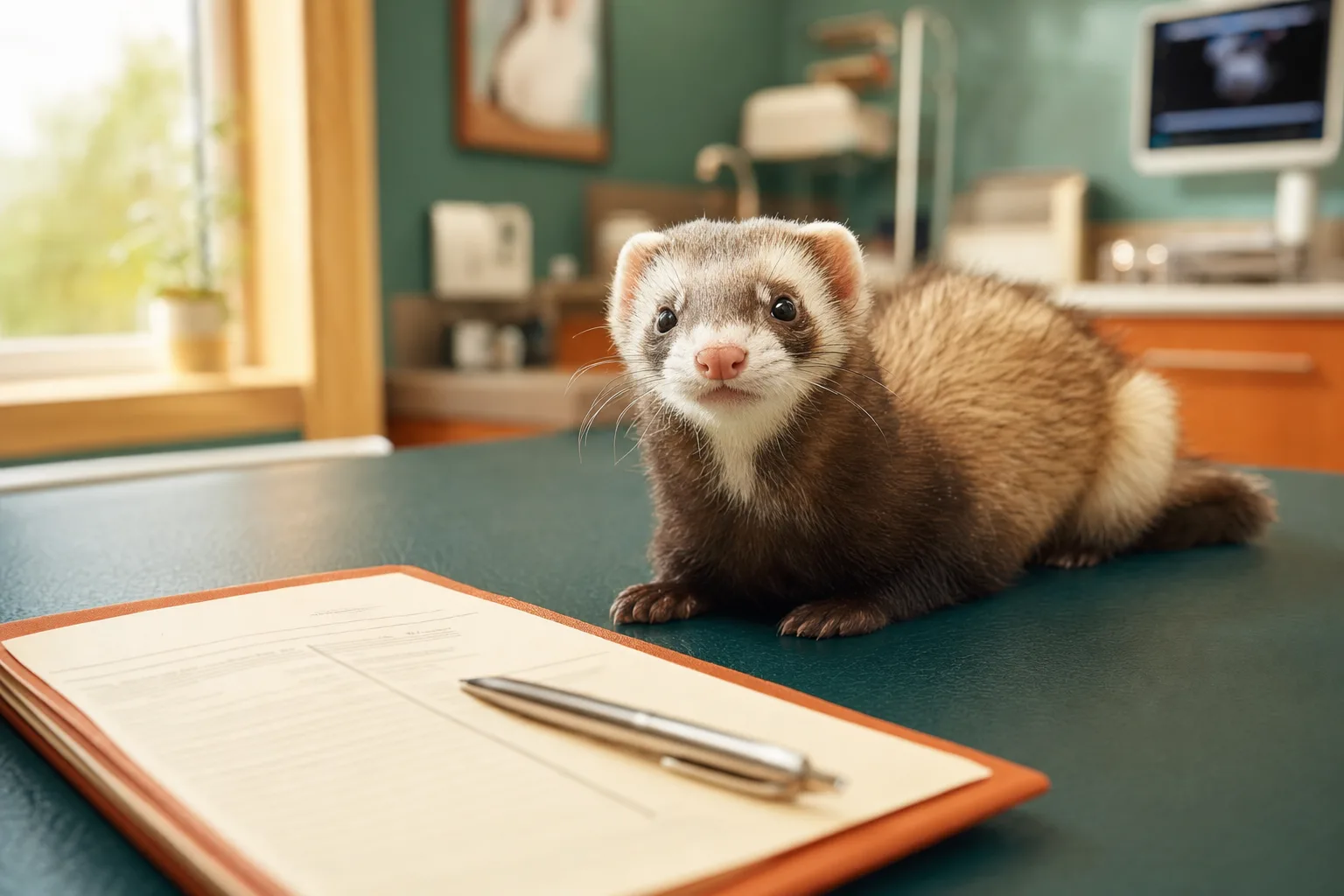 Furet sur la table d'examen d'une clinique vétérinaire, feuille de soins au premier plan