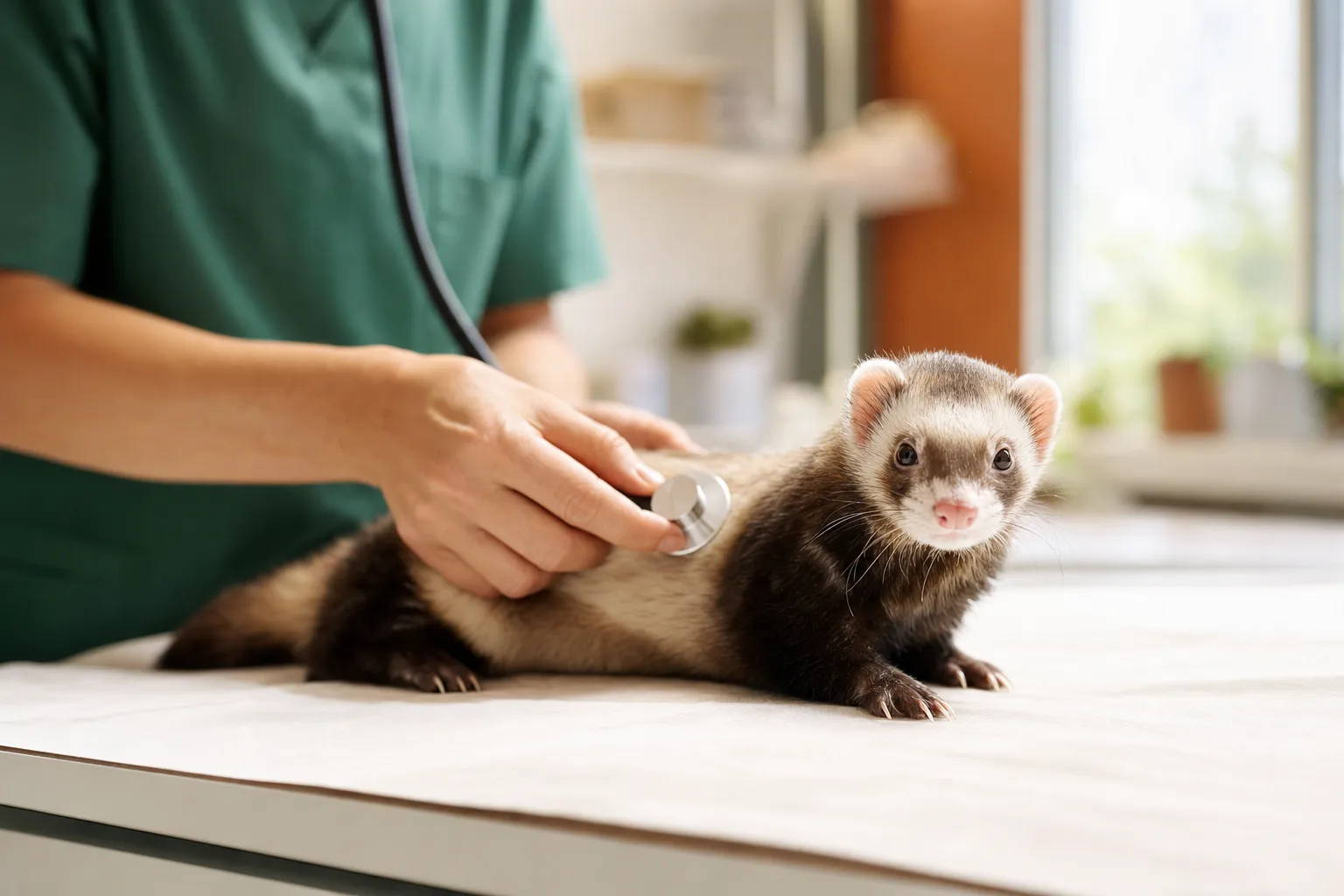 Vétérinaire auscultant un furet au stéthoscope dans une clinique lumineuse