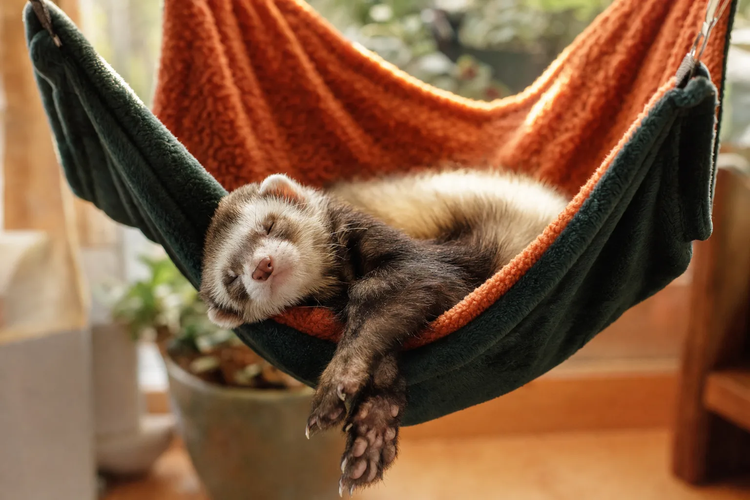 Furet profondément endormi et complètement détendu dans un hamac, pattes molles, sommeil paisible