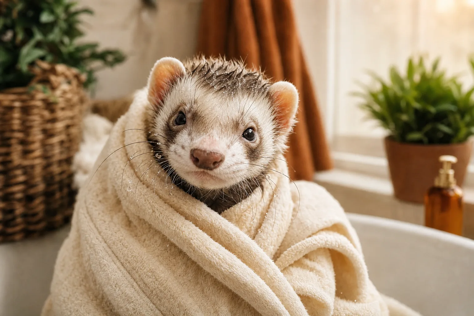 Furet mouillé enveloppé dans une serviette douce après un bain, oreilles dressées