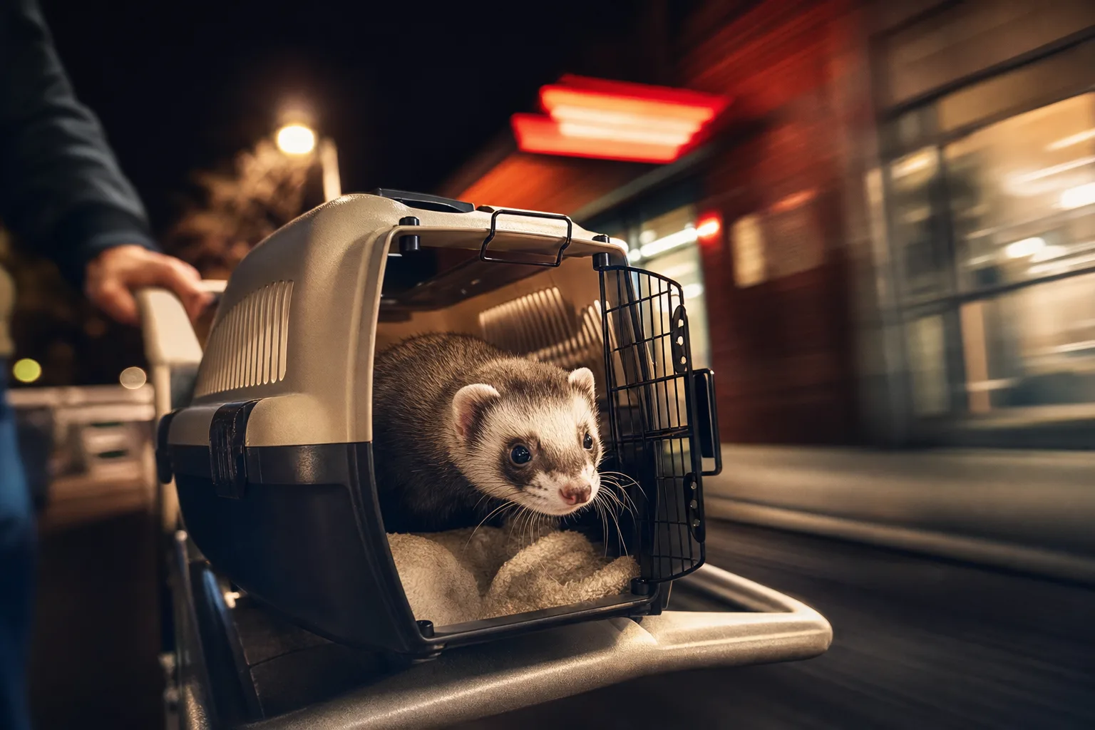 Furet transporté en urgence dans une caisse de transport vers une clinique de nuit