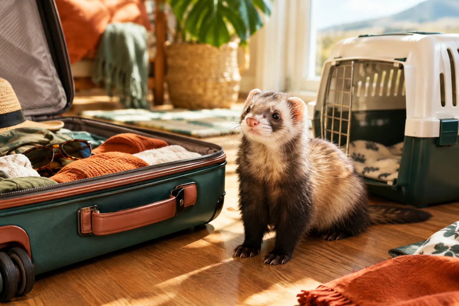 Furet curieux assis à côté d'une valise ouverte et d'une caisse de transport, prêt pour les vacances