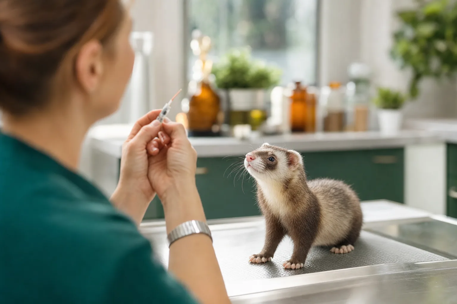Vétérinaire préparant un vaccin devant un jeune furet attentif sur la table d'examen